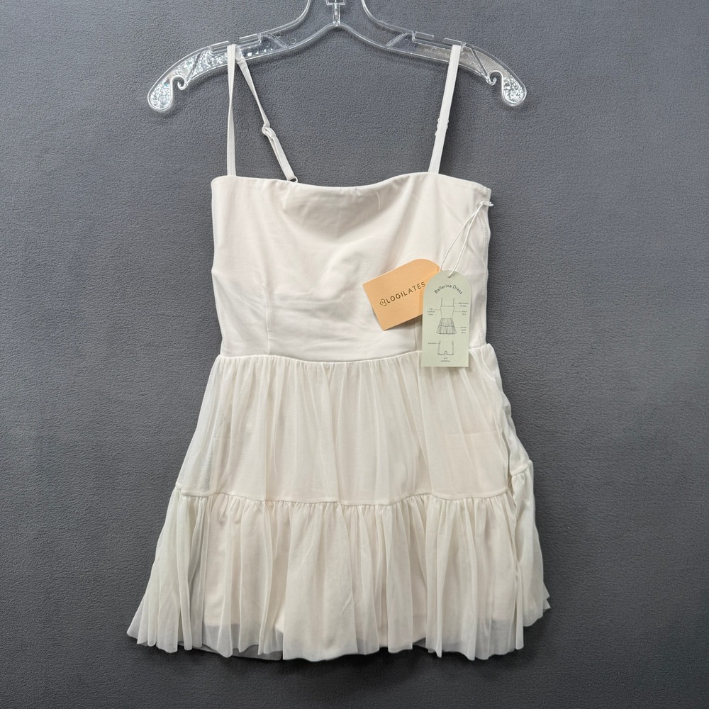 Blogilates Ballerina Dress Cream White Tiered Mesh Built-in Shorts Pockets S NEW